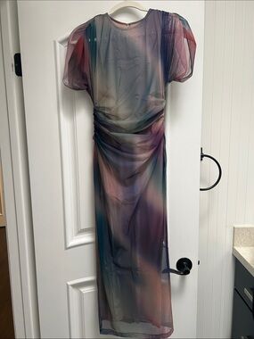 Amanda Uprichard Multicolor Sheer Midi Dress in Purple, Blue & Pink